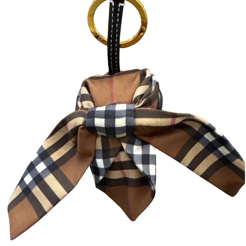 Burberry Thomas Bear Bag Charm Keychain Brown Cap Check Scarf Leather w/ Box - Picture 6 of 10